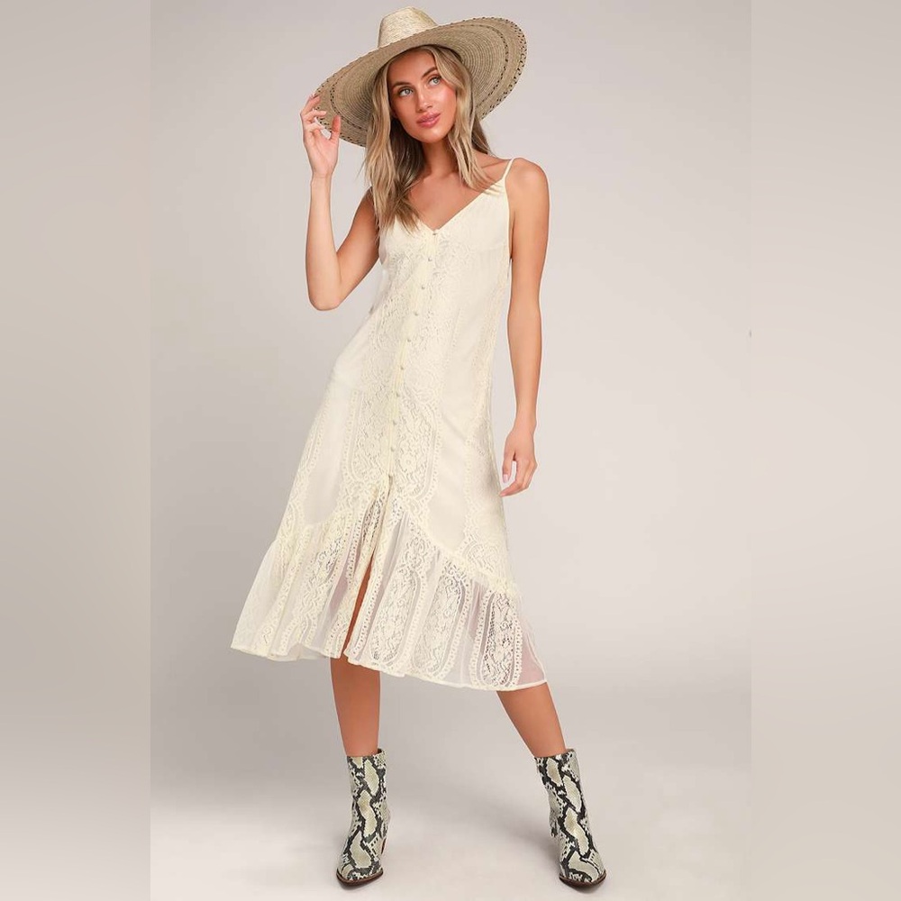 Lulus Zahria Cream Lace Button Front Midi Dress
